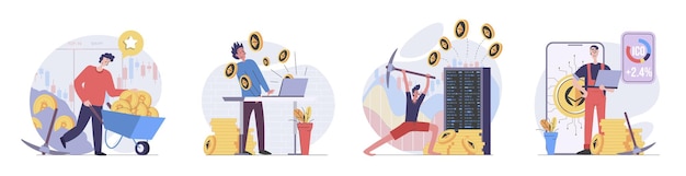 Cryptocurrency mining concept with people scenes set in flat web design Collection of character situation with crypto miners getting coins working with data at bitcoin farm Vector illustrations