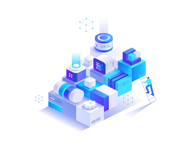 Cryptocurrency technology isometric abstract concept Blockchain tech bitcoin mining digital money mining farm Investment and financial tools Vector character illustration in isometry design