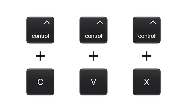 Ctrl plus C, Ctrl plus V and Ctrl plus Z. Control C, Control V keyboard buttons. Copy and paste key shortcut. Computers particles keyboards. Black computer icons. Vector illustration.
