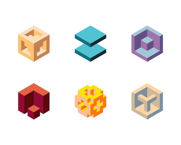 Cube logo geometrisk vektordesign. Sæt med bokslogo, trendy techno-emblem i isometrisk 3D-stil