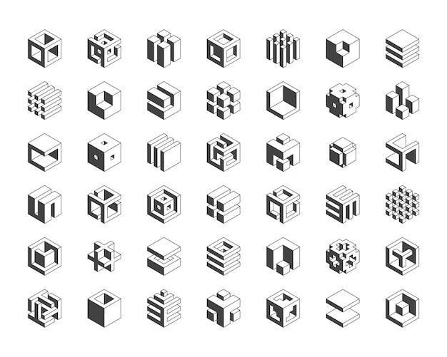 Cube logo geometrisk vektordesign. Sæt med bokslogo, trendy techno-emblem i isometrisk 3D-stil