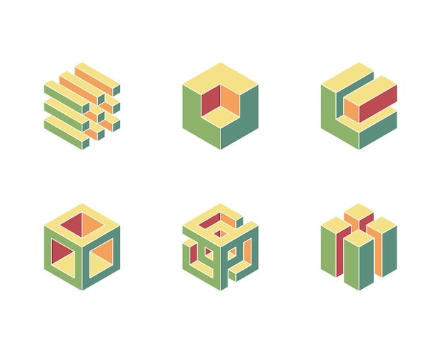 Cube logo geometrisk vektordesign. Sæt med bokslogo, trendy techno-emblem i isometrisk 3D-stil