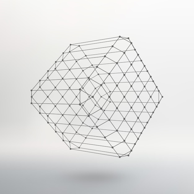 Cube of lines and dots. Cube of the lines connected to points. Molecular lattice. The structural grid of polygons. White background. The facility is located on a white studio background.