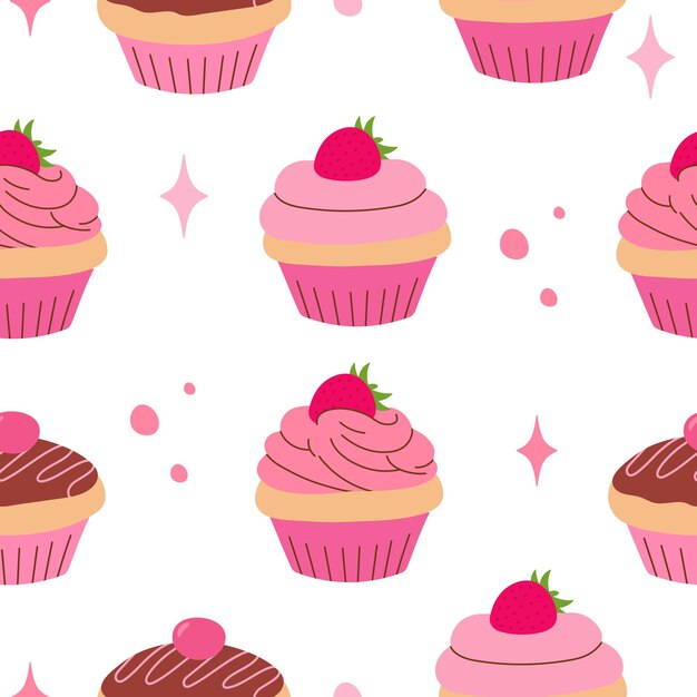 cupcake seamless pattern various pink cupcakes with cream frosting cherry strawberry