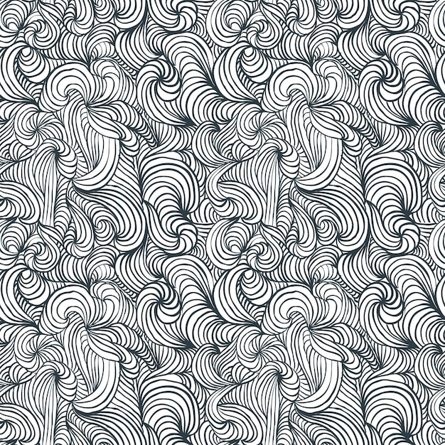 Curly lines seamless pattern, hand drawn monochrome vector background.