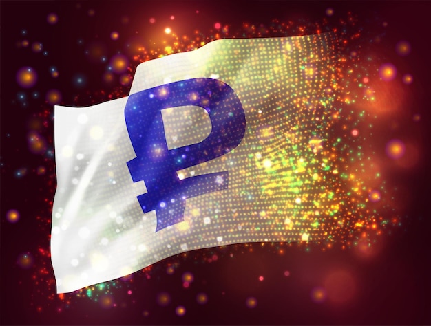 currency rubles vector 3d flag on pink purple background with lighting and flares
