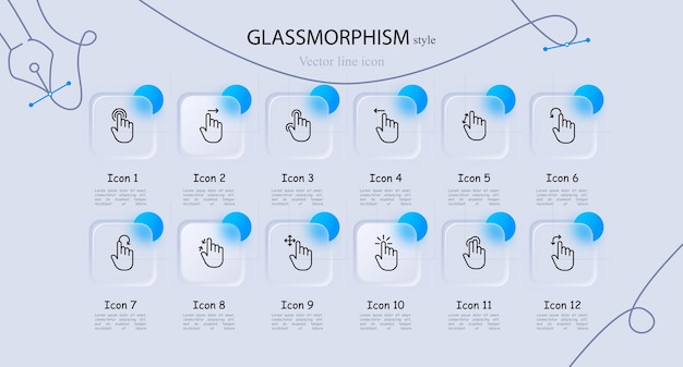 Cursor icon set Mouse zoom in zoom out control swipe hold Glassmorphism style Vector line icon for business and advertising