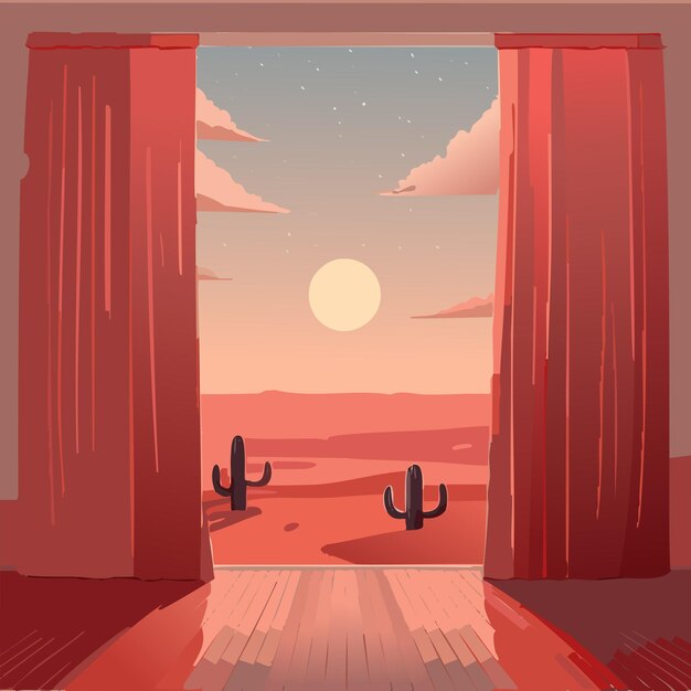 Curtains in desert at sunset Vector illustration in flat style