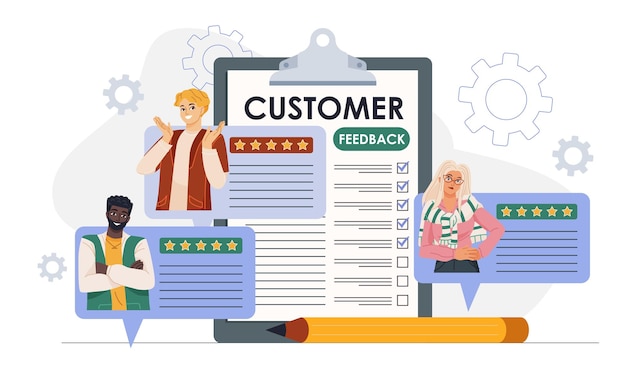 Customer feedback concept Young girl reading clients reviews at computer screen Ranking and rating on internet Online marketing Users opinion Flat vector illustration