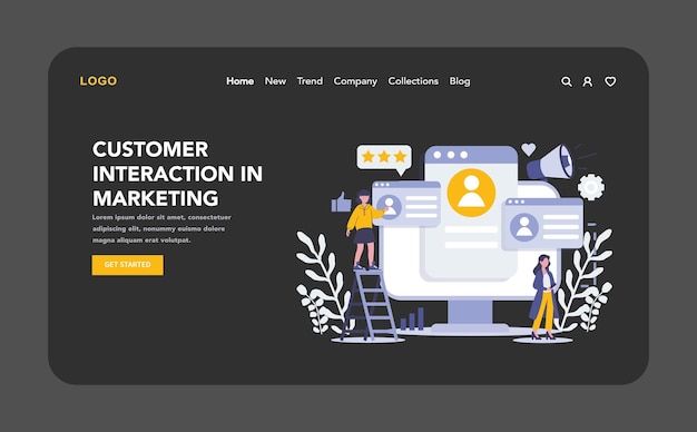 Customer interaction night or dark mode web or landing page dynamic digital strategies enhancing