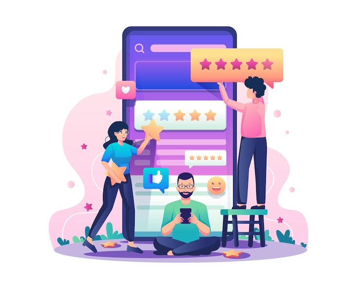 Vektör customer reviews with people giving star ratings on a mobile phone illustration