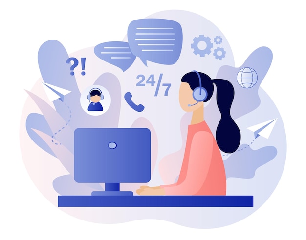 Customer service. Call center. Woman hotline operator in headset consults client. Online support