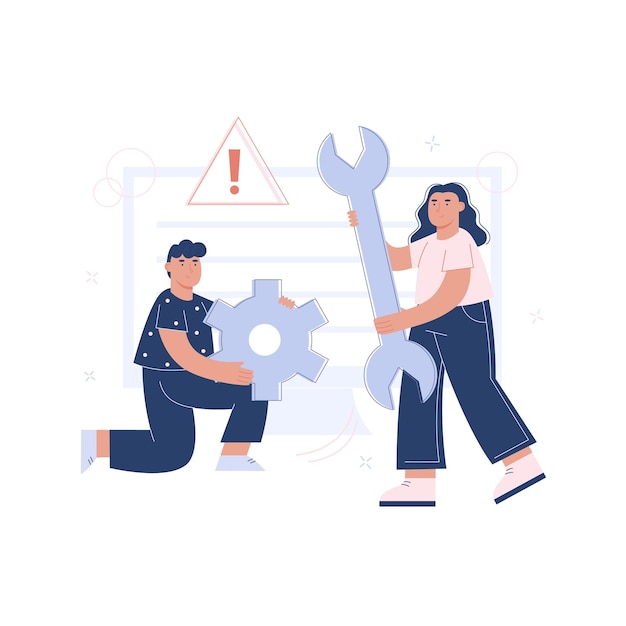 Customer service or technical support professionals hold a wrench and a gear in their hand