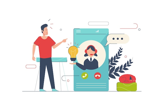 customer support concept with people scene in flat cartoon design man talking with operator by mobile phone woman generates ideas and solutions vector illustration with character situation for web
