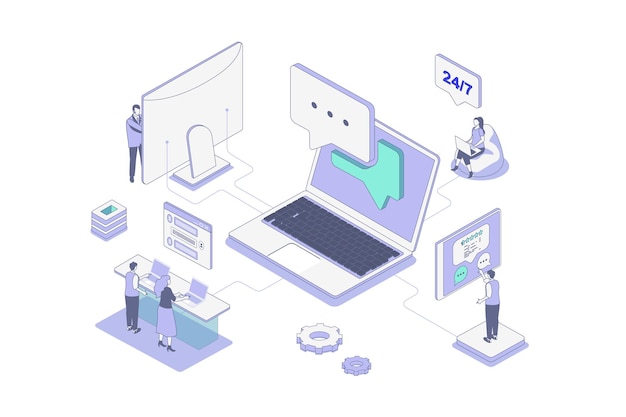 customer support isometric concept in outline isometry design for web people working in call center operators answering in chat and consulting clients solve technical problems vector illustration