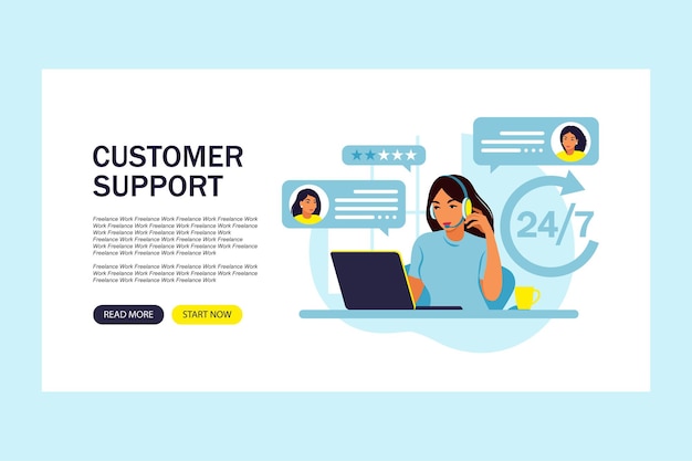 customer support. woman hotline operator advises clients. online technical support. landing page