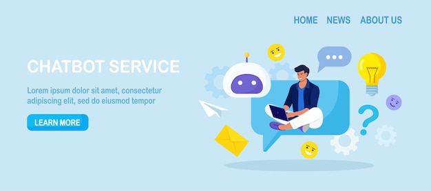 Customer talking with chatbot Person chatting with robot asking questions and receiving answers Artificial Intelligence in marketing FAQ Chat bot virtual assistant Customer support