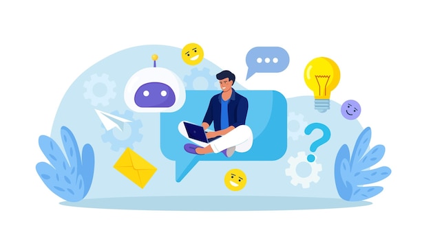 Customer talking with chatbot Person chatting with robot asking questions and receiving answers Artificial Intelligence in marketing FAQ Chat bot virtual assistant Customer support