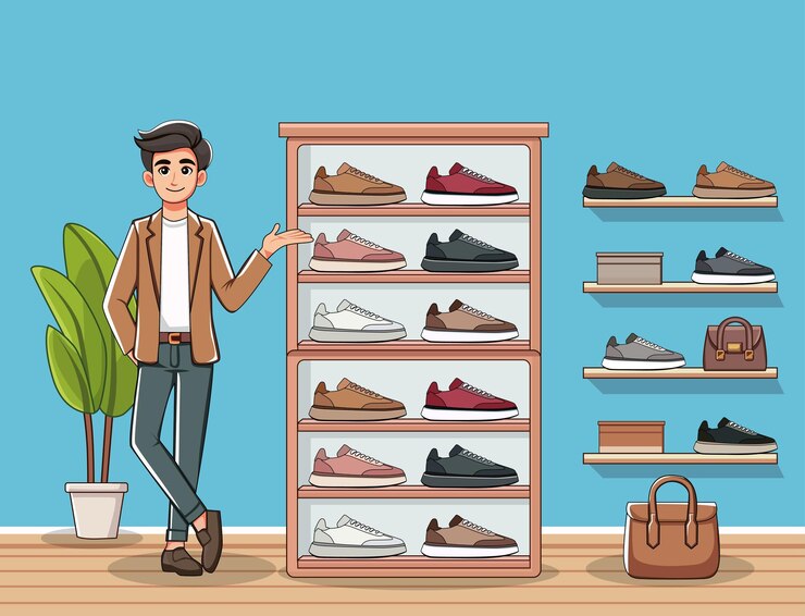 Customers are being shown a wide array of classic and athletic shoes by the salesperson inside the s