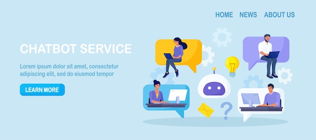 Customers talking with chatbot People chatting with robot asking questions and receiving answers Artificial Intelligence in marketing FAQ Chat bot virtual assistant Customer support