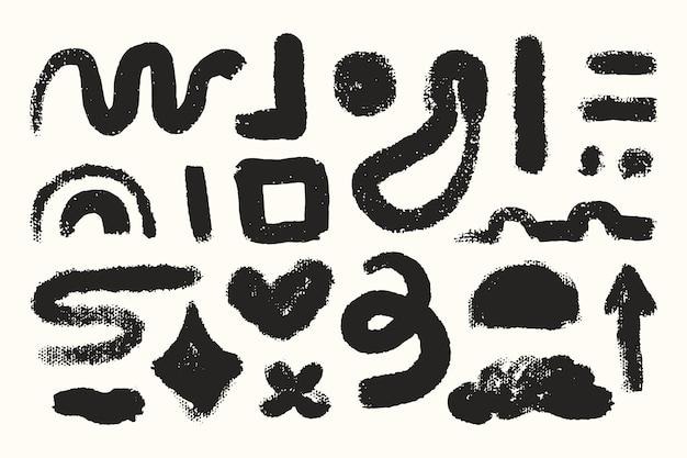 Cute abstract shapes in scribble style Black doodles squiggles heart flower wavy lines swirls