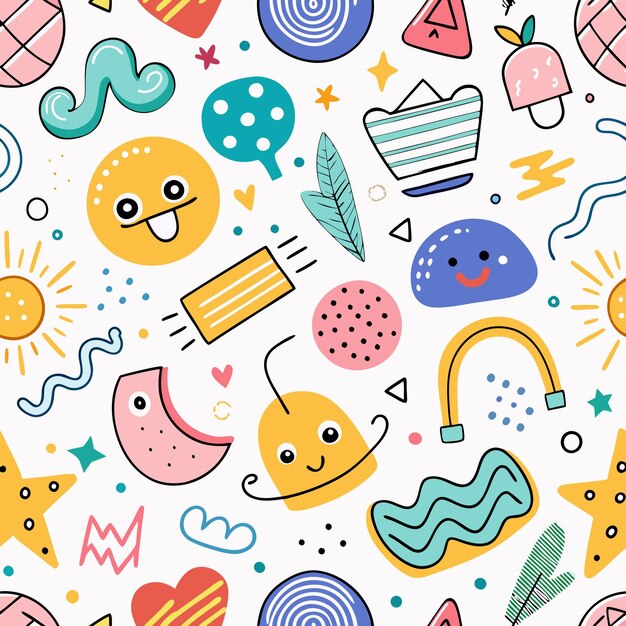cute abstract shapes seamless pattern design with stars sun rainbow and more