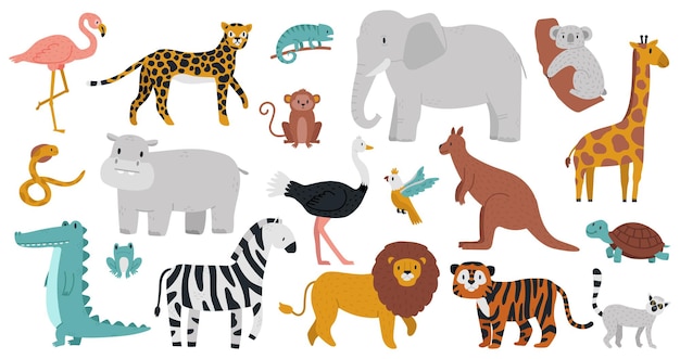 cute african animals. wood, jungle or savanna animals, leopard, giraffe, hippo, crocodile and zebra.
