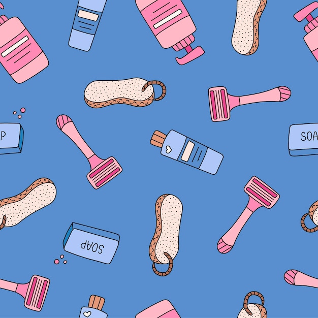 Cute and colorful vector seamless hand drawn pattern with bottles pumice razor and soap