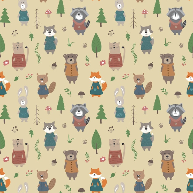 Cute animals Seamless pattern Cartoon Animals in forest background Vector illustration