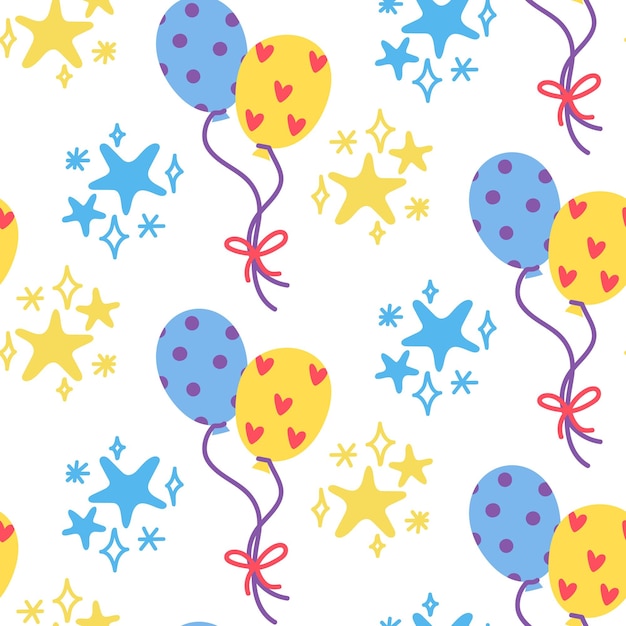 Cute balloons with a decorative pattern of hearts and colored stars on a white background Birthday