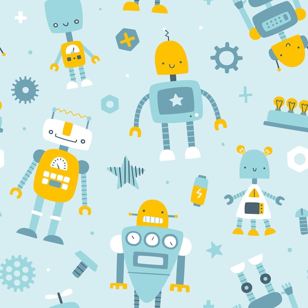 Cute blue pattern with robots for kids Seamless scandinavian vector print for baby textile