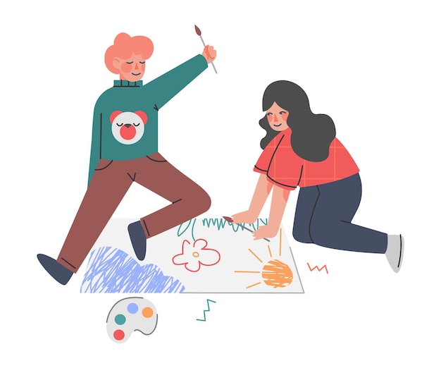 Cute Boy and Girl Painting on Paper Creative Hobby for Children Cartoon Vector Illustration
