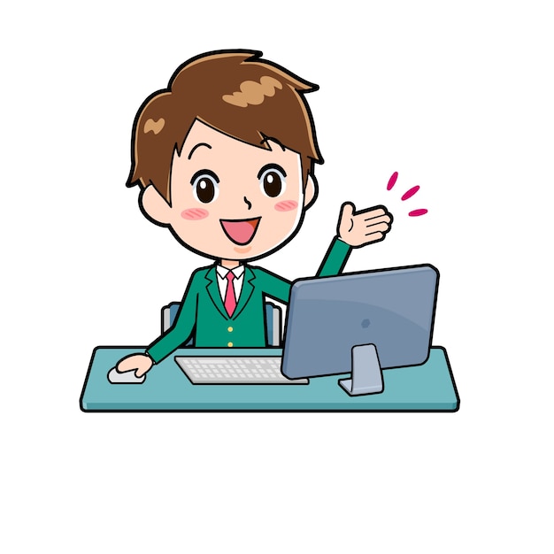 Cute boy cartoon character with a gesture of PC desk.