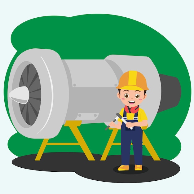Cute Boy Working As Engineer, Background in Separated Layer For Easy Editing