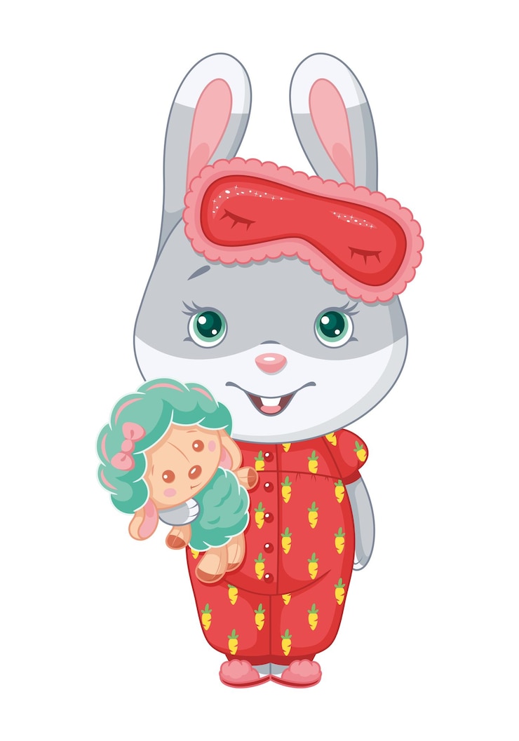 Vektör cute bunny character in pajamas with toy cartoon vector illustration