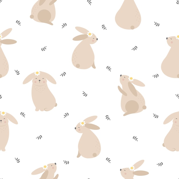 Cute bunny easter Seamless pattern with easter rabbit flowers and leaves