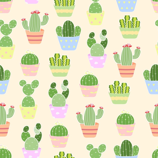 Cute cactus on a ceramic pot seamless pattern. Various cactus for house plant