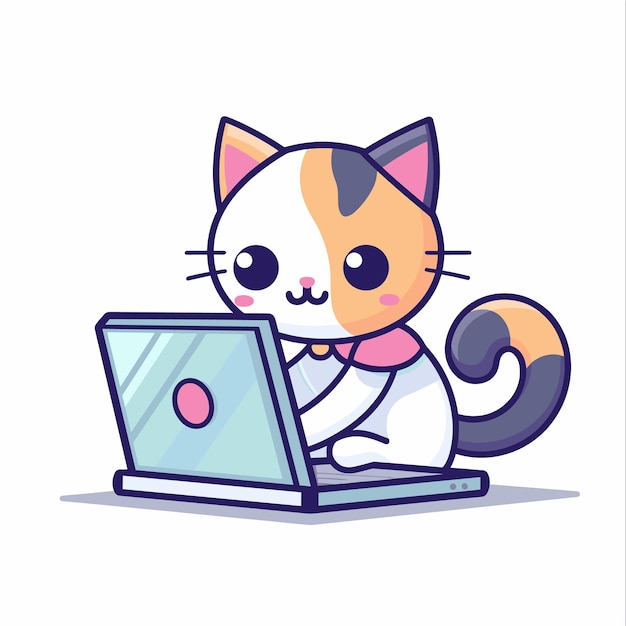 Cute calico cat cartoon working laptop technology animal theme digital artwork Adorable feline
