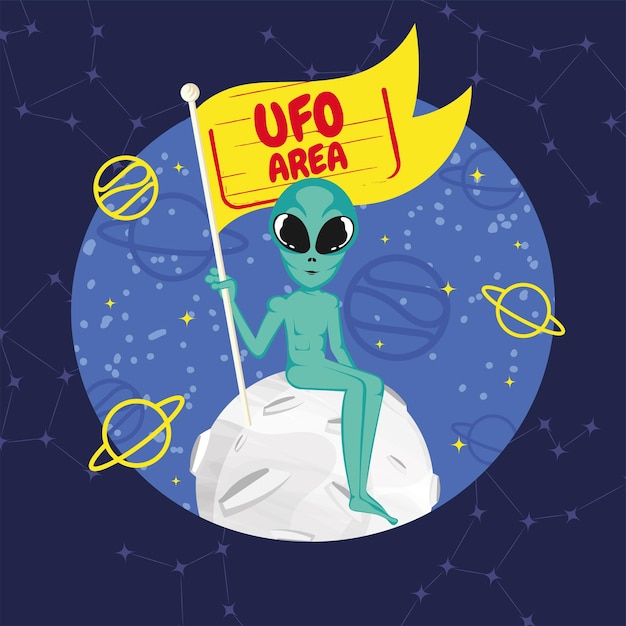 Cute cartoon alien UFO sticker Vector