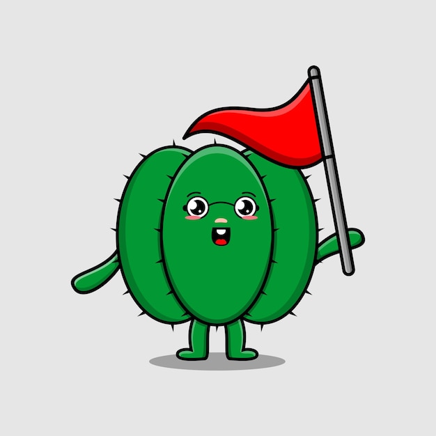 Cute cartoon Cactus character holding triangle flag in 3d modern design illustration