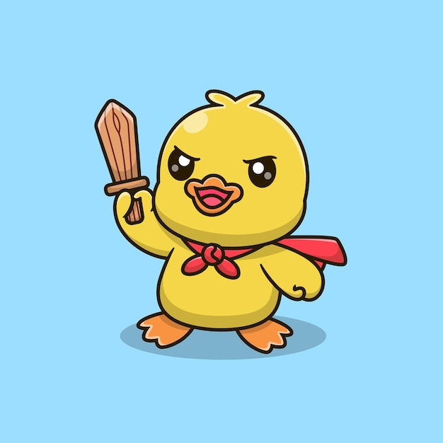 Cute Cartoon Duck Super hero Holding a Sword Vector Icon Illustration Animal Nature
