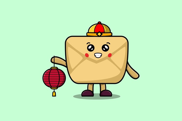 Vektor cute cartoon envelope chinese character holding lantern in vector icon illustration