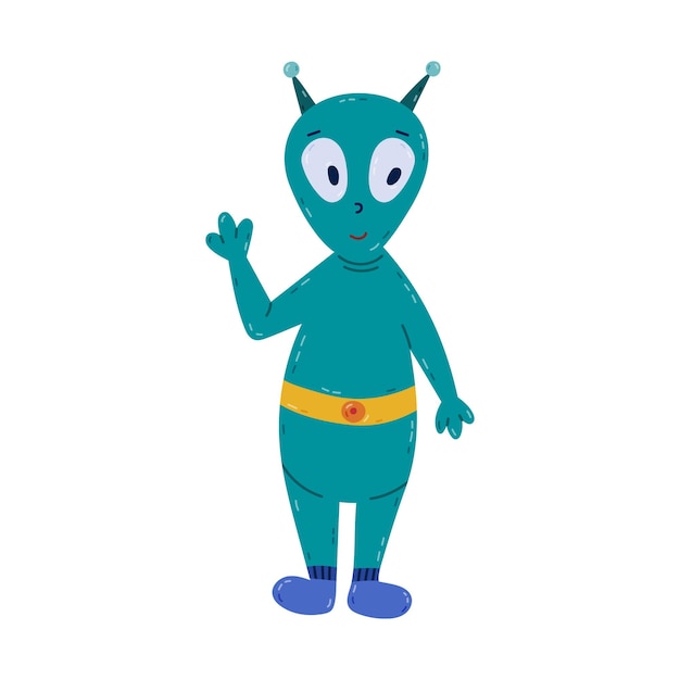 Cute cartoon green alien smiling and waving hello Friendly extraterrestrial monster