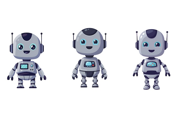 Cute Cartoon Robot Icon Set Flat Vector KidsFriendly Robot Illustrations