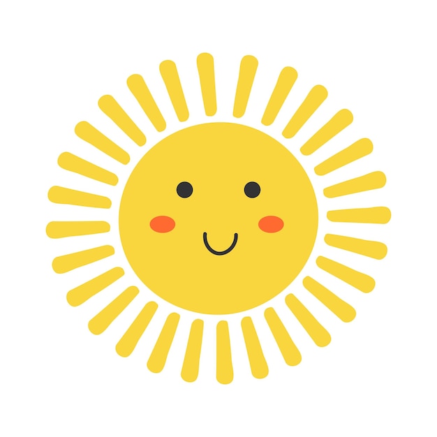 Cute cartoon sun character with kawaii face Simple doodle yellow mascot isolated on white background Flat hand drawn icon