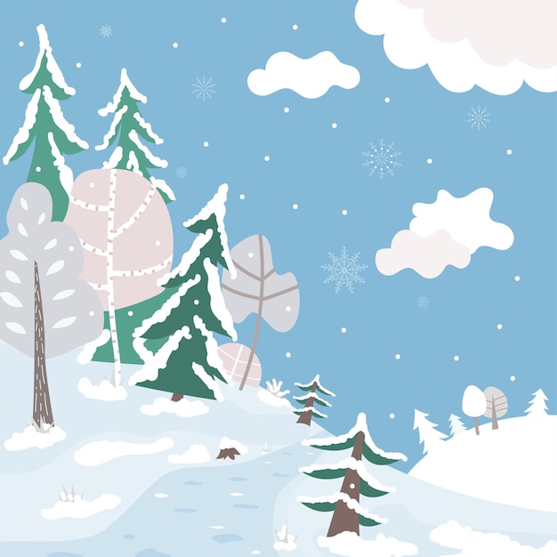 Cute cartoon winter forest landscape Christmas Snowy park background Flat vector illustration