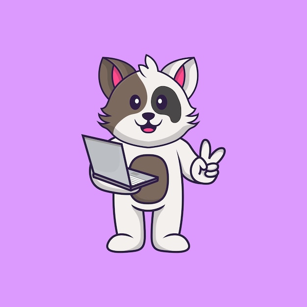 Cute cat holding laptop. Animal cartoon concept isolated. Flat Cartoon Style