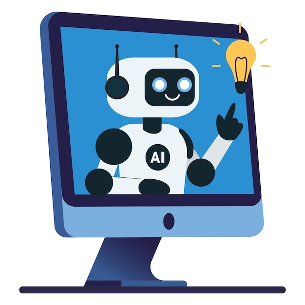 cute chat bot ai robot points to the light bulb from monitor screen