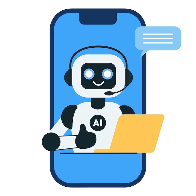Cute chat bot robot with yellow laptop shows thumbs up on the phone