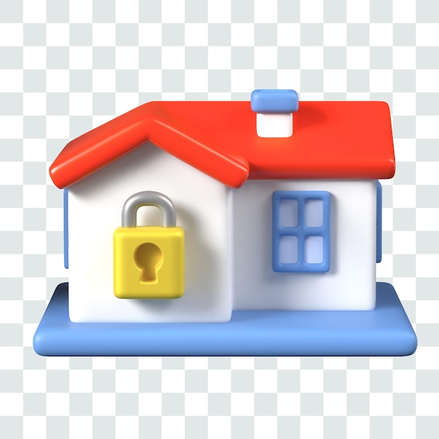 Cute cottage in 3D cartoon style House with bright red roof and huge lock